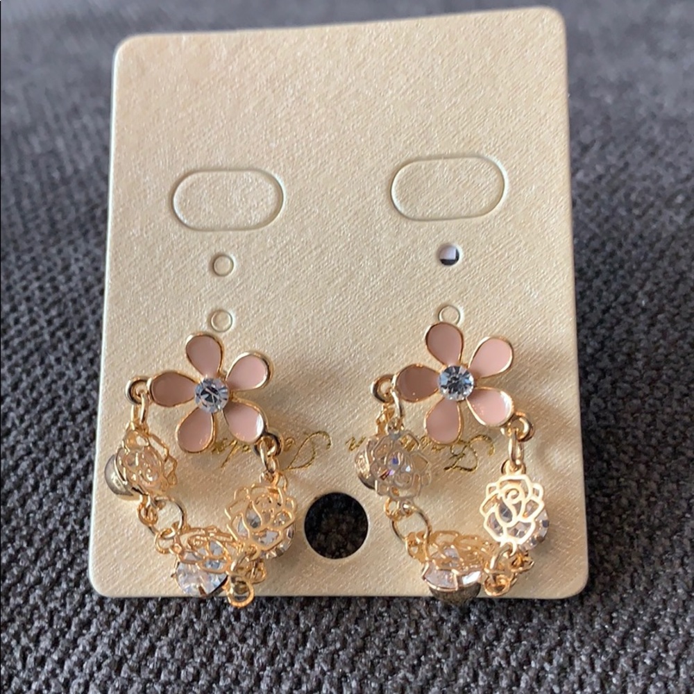 New pink daisy camellia gold crystal earrings